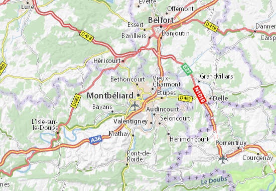 carte belfort montbeliard Carte détaillée Montbéliard   plan Montbéliard   ViaMichelin