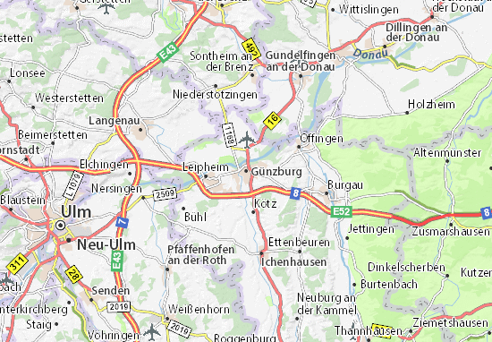 Karte, Stadtplan Günzburg - ViaMichelin