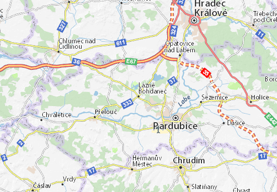 Karte Stadtplan Lázně Bohdaneč